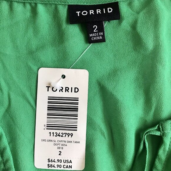 Torrid Women's Green V-Neck Sleeveless‎ Chiffon Smock Front Skater Dress Size 2 - Picture 9 of 11